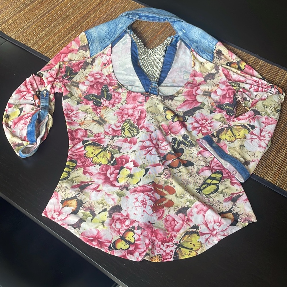Pastels Butterly Floral Denim Trim Rhinstone Blouse Large Front Button Down - Picture 2 of 11
